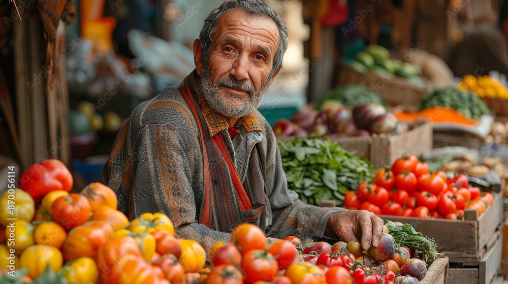 Vibrant farmers market scene with an elderly vendor displaying a bountiful assortment of fresh, colorful tomatoes, vegetables, and fruits Vibrant farmers market scene with an elderly vendor displaying a bountiful assortment of fresh, colorful tomatoes, vegetables, and fruits