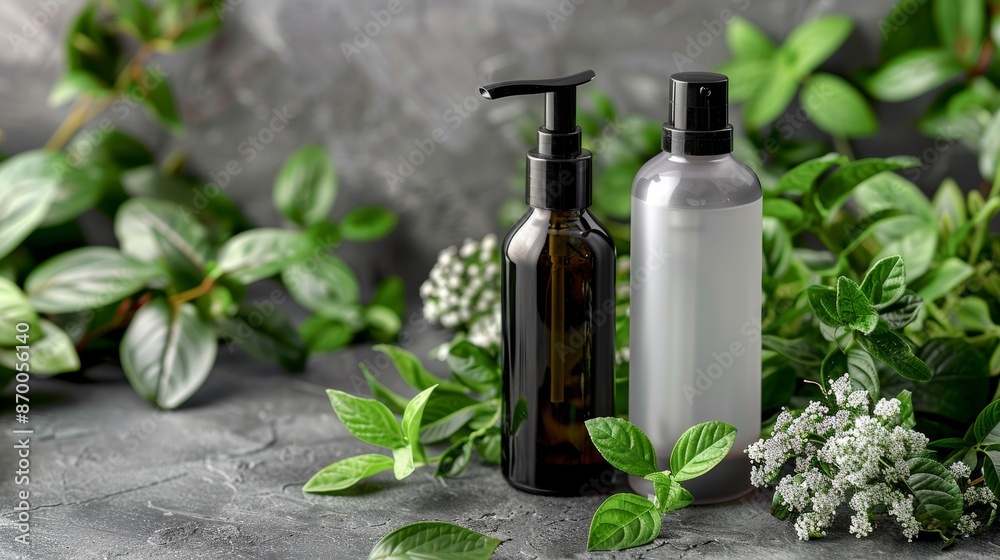 Two stylish cosmetic bottles, one black with a pump dispenser and the other white with a screw cap, surrounded by fresh green leaves and white flowers on a stone backdrop