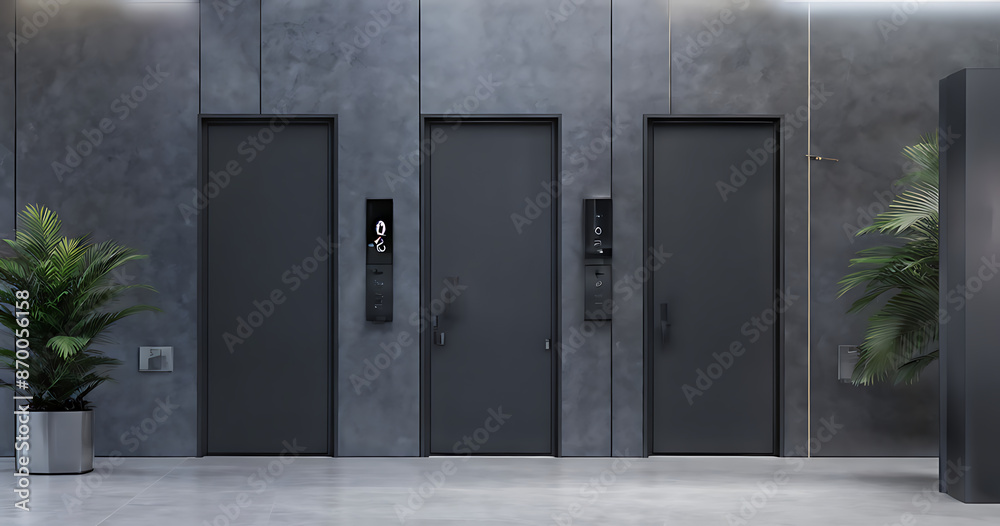 Fototapeta premium Black and gray doors in the office on a concrete background, Modern hallway with three dark grey doors and stylish potted plants on both sides. The minimalist and sleek design of the corridor