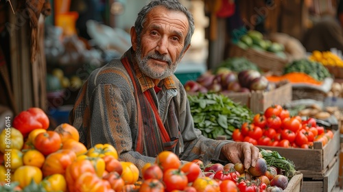 Vibrant farmers market scene with an elderly vendor displaying a bountiful assortment of fresh, colorful tomatoes, vegetables, and fruits © aicandy