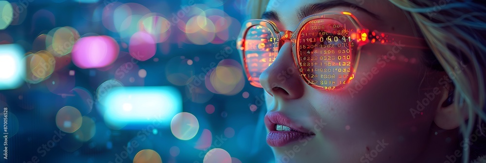 Portrait of a blonde caucasian woman data analyst in information technology letting see data flow , professional business female with copy space Portrait of a blonde caucasian woman data analyst in information technology letting see data flow , professional business female with copy space