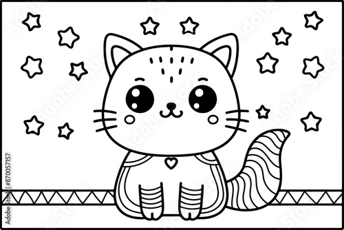 Chat ou chaton dessin kawaii au trait pour page et ou livre de coloriage pour enfant, adulte, trait noir vecteur totalement isolé du fond pour conception personnalisée 