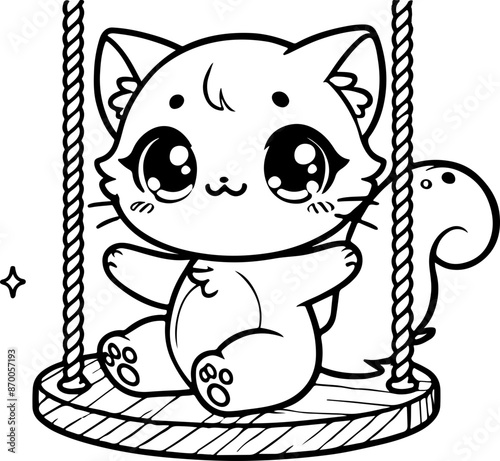 Chat ou chaton sur balancoire dessin kawaii au trait pour page et ou livre de coloriage pour enfant, adulte, trait noir vecteur totalement isolé du fond pour conception personnalisée 