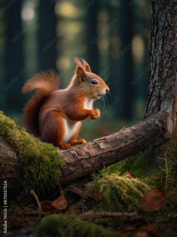 a red squirrel sits on a log in the woods a red squirrel sits on a log in the woods