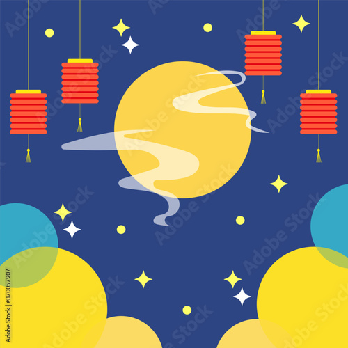 Mid Autumn festival. Yellow full moon. Red lanterns hanging. Night sky vector.