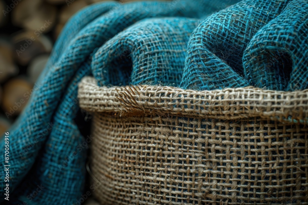Obraz premium A close-up image showcasing two intertwined pieces of woven burlap fabric, one natural brown and the other dyed teal blue, emphasizing their texture and material