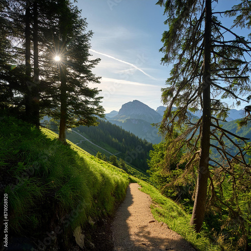 A sunny view from a steep mountainside forest path looking down towards more trees and mountains