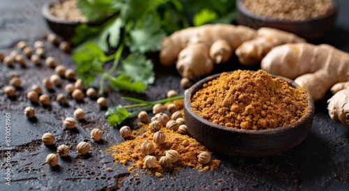 Ground Ginger, Coriander Seeds, and Fresh Parsley on Black Surface