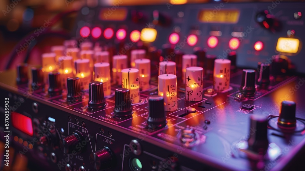 A close-up view of a modern professional audio mixing console with various illuminated knobs and switches in a vibrant studio setting A close-up view of a modern professional audio mixing console with various illuminated knobs and switches in a vibrant studio setting
