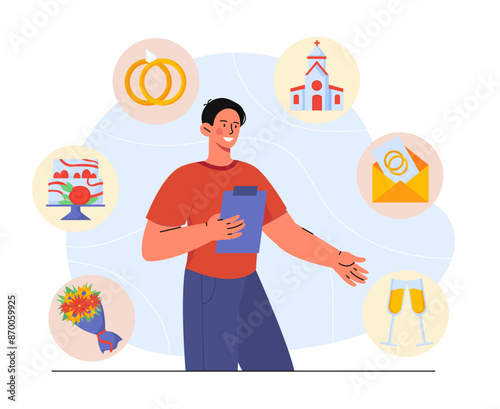 Man with wedding planner. Young guy buys bouquet of flowers, gold rings, champagne and cake. Manager with preparation of marriage ceremony. Cartoon vector illustration