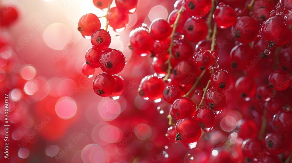 A close-up view of vibrant red currants hanging on branches, glistening with water droplets against a beautifully blurred bokeh background in vivid red hues A close-up view of vibrant red currants hanging on branches, glistening with water droplets against a beautifully blurred bokeh background in vivid red hues