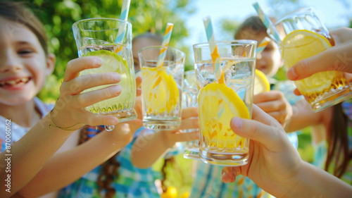 Children are enjoying lemonade at a summer party