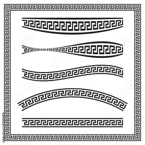 Greek key border set. Black vector patterns. Decorative geometric frames. Classic design elements.