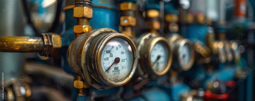 A detailed photograph of industrial pressure gauges lined up in a factory setting, showcasing various metallic components and intricate engineering details A detailed photograph of industrial pressure gauges lined up in a factory setting, showcasing various metallic components and intricate engineering details
