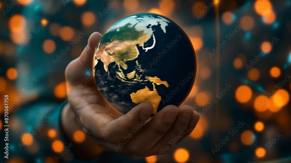 Hand holding glowing rotating globe, Global connectivity and digital network over bokeh lights, Futuristic technology sustainability concept