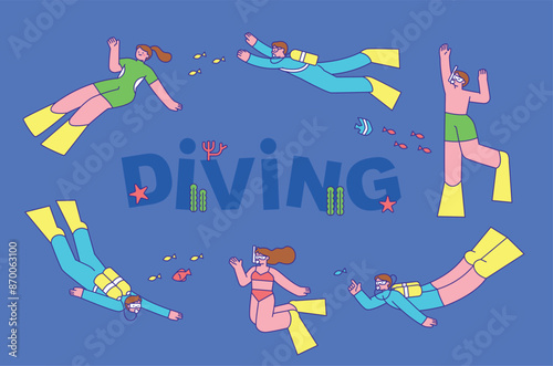 Divers are wearing diving gear and swimming underwater for leisure. 