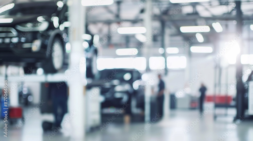 Obraz premium blurred background of succesfull modern automotive repair shop with cars and technicians. Generative ai