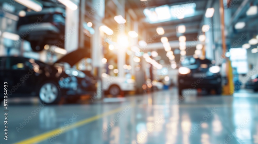 Fototapeta premium blurred background of succesfull modern automotive repair shop with cars. Generative ai 