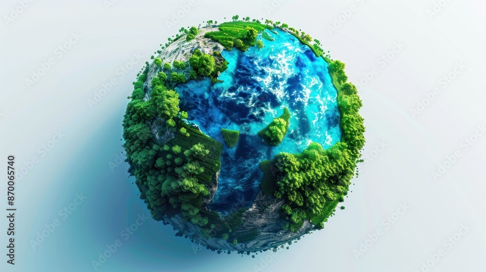 Fototapeta premium A Miniature Earth with Lush Green Landscapes and Sparkling Blue Waters