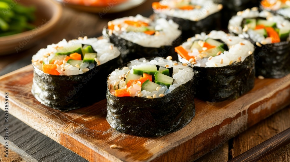 Buckwheat and vegetable sushi rolls for a unique and healthy snack option. Buckwheat and vegetable sushi rolls for a unique and healthy snack option.