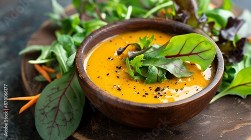 A vibrant orange dressing made from antioxidantrich sweet potatoes turmeric and ginger adding a burst of flavor and nutrients to any salad. photo