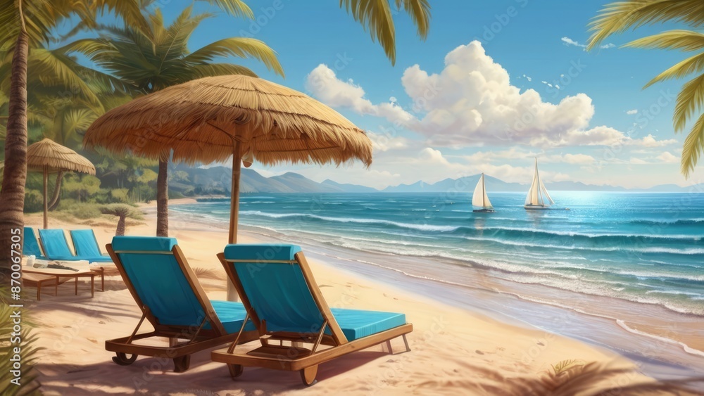 Obraz premium Summer Background Tranquil Beach Scene with Palm Trees and Sailboats Under a Clear Sky