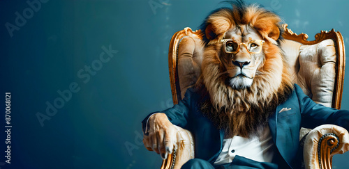 Wallpaper Mural Captivating image of a lion wearing a stylish suit and glasses sitting confidently on a luxurious throne against a rich blue backdrop exuding a sense of authority and power Torontodigital.ca