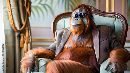 Elegant Orangutan Businessman in Formal Attire and Sunglasses Sitting Thoughtfully on Luxurious Sofa in Office Environment