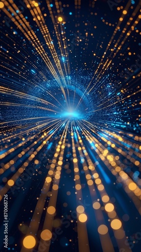 Abstract futuristic technology abstract background with lines for network, big data, data center, server, internet, speed. Dark blue and gold neon lights into digital technology tunnel.