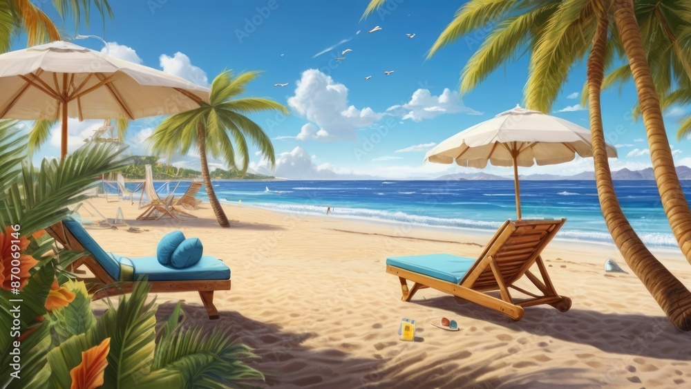 Summer Background Tranquil Beach Scene with Palm Trees and Sailboats Under a Clear Sky Summer Background Tranquil Beach Scene with Palm Trees and Sailboats Under a Clear Sky