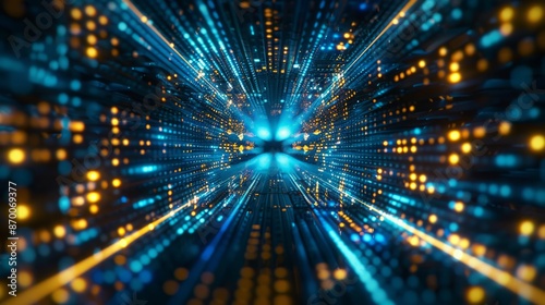 Abstract futuristic technology abstract background with lines for network, big data, data center, server, internet, speed. Dark blue and gold neon lights into digital technology tunnel.