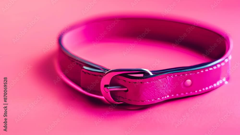 Pink leather collar with metallic buckle on pink background Pink leather collar with metallic buckle on pink background