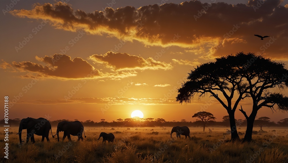 Fototapeta premium There are elephants walking on a grassy plain during the sunset with a large tree in the foreground on the right side.