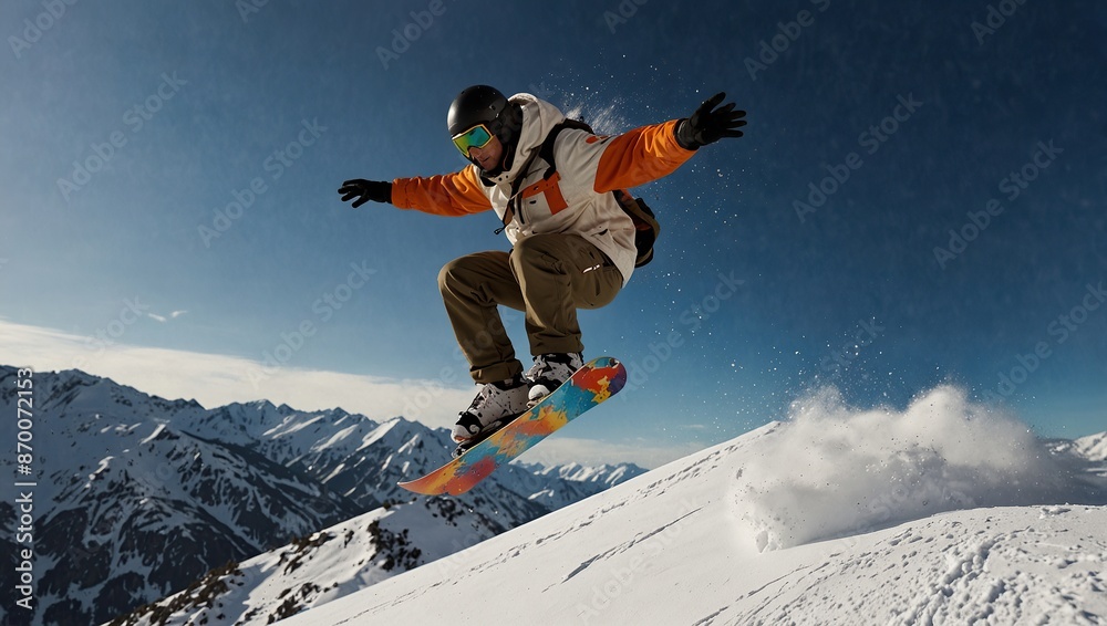 A snowboarder is jumping in mid-air above a snowy mountain landscape.
A snowboarder is jumping in mid-air above a snowy mountain landscape.