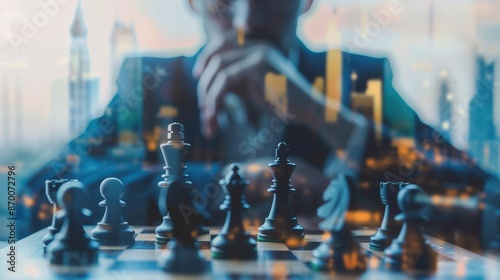Business leader contemplating a chess move with market trends overlaid, double exposure, strategic foresight photo