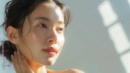 Close-up of an Asian woman using a vitamin C serum, skincare, brightening effect