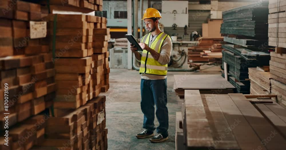 Wood, warehouse and man with tablet for check, online orders and stock control in factory. Logistics, supplier and male worker with technology for manufacturing, distribution and inventory management Wood, warehouse and man with tablet for check, online orders and stock control in factory. Logistics, supplier and male worker with technology for manufacturing, distribution and inventory management