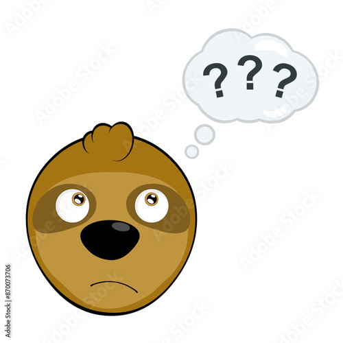 vector illustration face bear sloth character animal cartoon, with a doubtful or thinking expression and a thought cloud with question marks