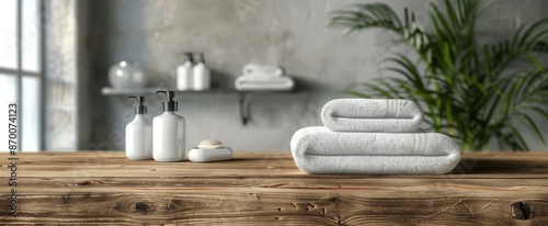 Folded White Towels on Wooden Countertop in Bathroom With Plant and Bottles