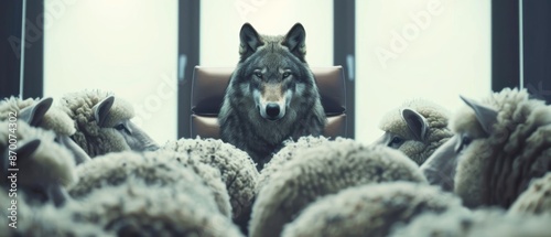 Wolf blending into a group of sheep in a boardroom, business manipulation, strategic disguise