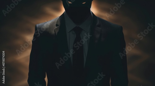 A business executive in a suit with a wolf shadow, corporate deception, hidden intentions