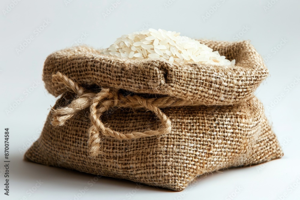Obraz premium A bag of rice is sitting on a white background. The bag is made of brown fabric and is tied with a rope