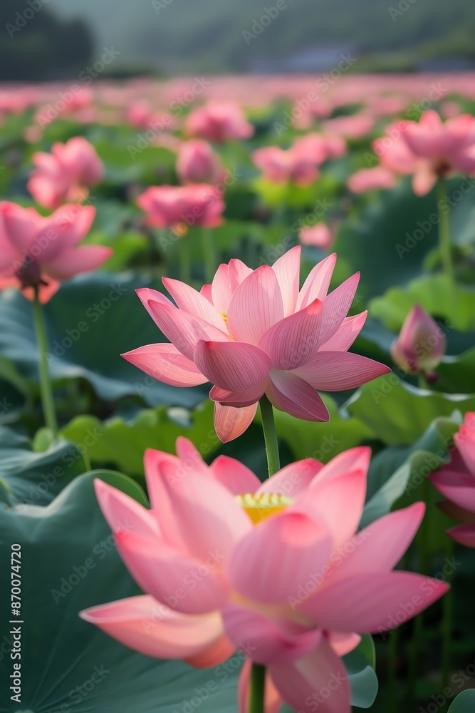 A panoramic view of multiple lotus flowers in full bloom on a peaceful pond, showcasing natural serenity A panoramic view of multiple lotus flowers in full bloom on a peaceful pond, showcasing natural serenity