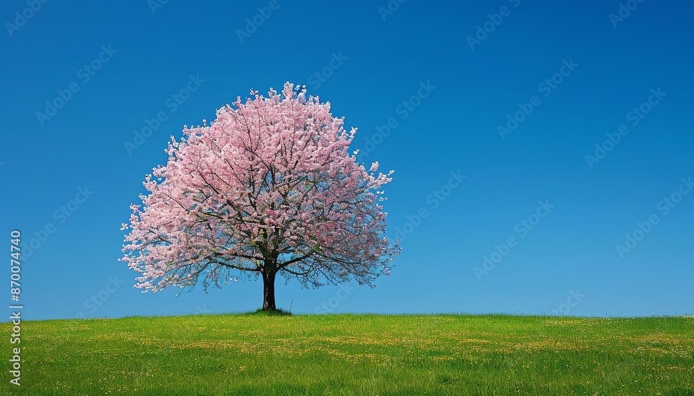 A single cherry blossom tree in full bloom standing in a vibrant green field under a clear blue sky A single cherry blossom tree in full bloom standing in a vibrant green field under a clear blue sky
