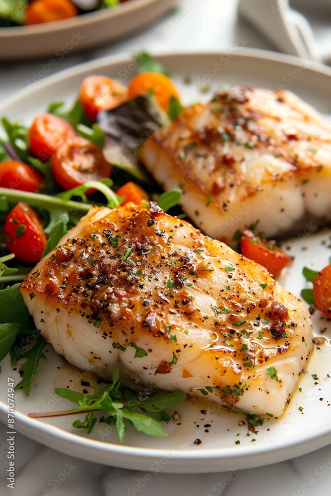 Grilled cod fillet served with a side of fresh garden salad on a white ceramic plate Grilled cod fillet served with a side of fresh garden salad on a white ceramic plate