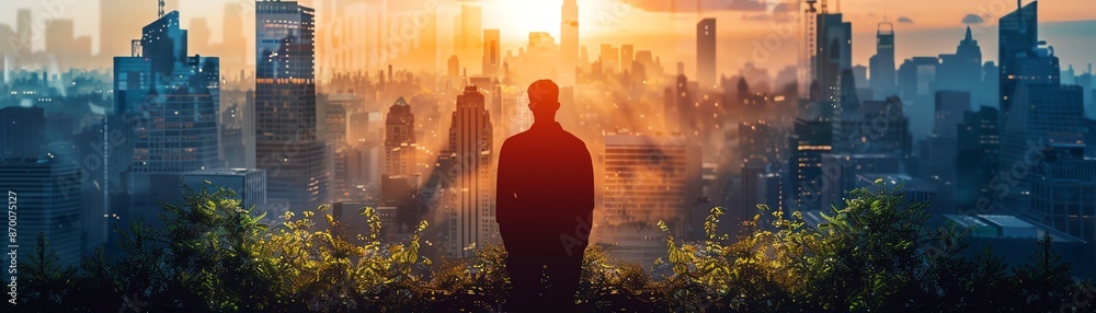 Silhouette of a man with a cityscape and greenery overlay Silhouette of a man with a cityscape and greenery overlay