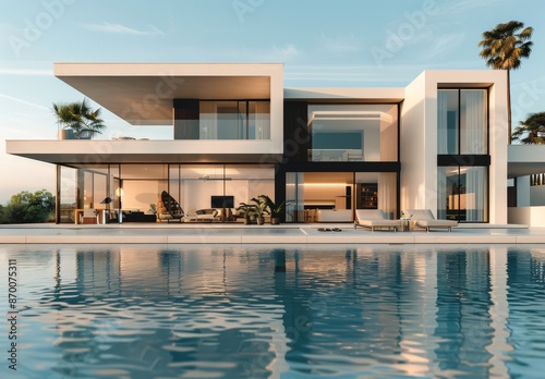 Modern Two-Story Home With Swimming Pool and Lush Greenery on a Sunny Day