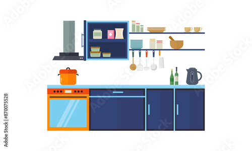 Home kitchenware, food and devices in color vector flat illustration