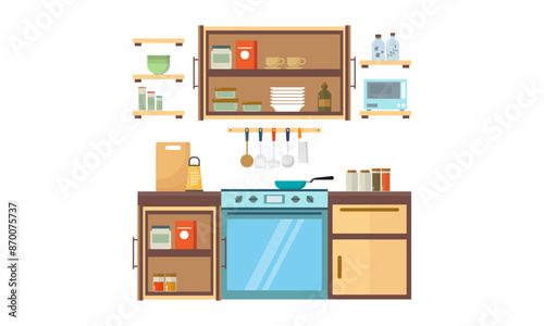 Home kitchenware, food and devices in color vector flat illustration