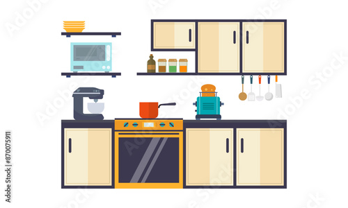 Home kitchenware, food and devices in color vector flat illustration